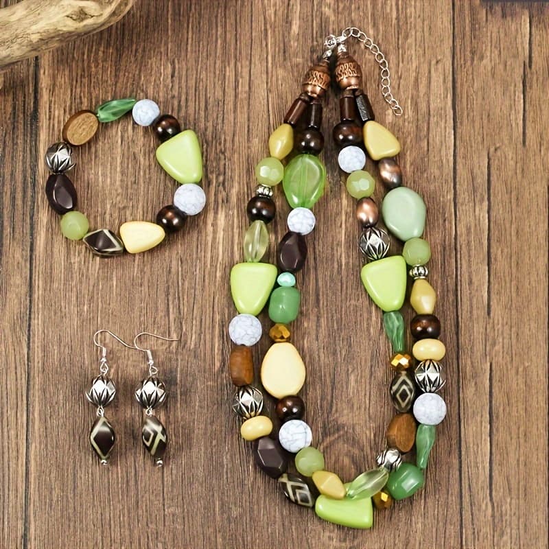 TEMU 3pcs Bohemian Jewelry Set - Statement Double Layer Necklace Bracelet And Earrings With Acrylic & Wooden Beaded - Vintage Boho Accessories For Women, Beach Holiday, Gift