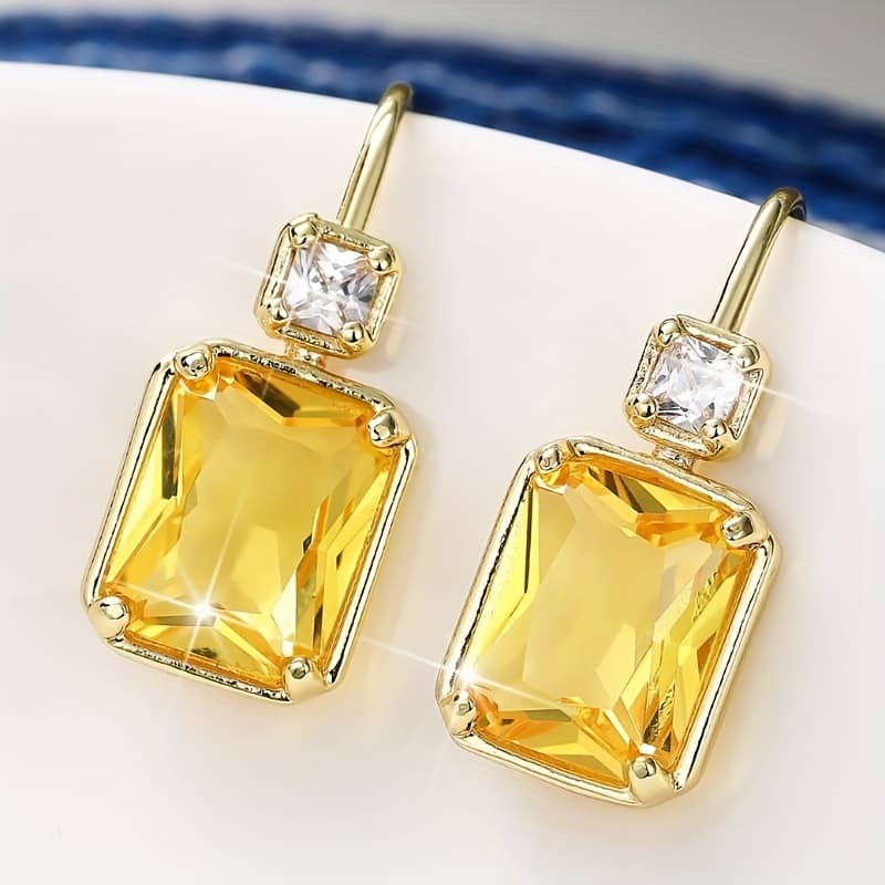 TEMU Temperament Elegant -prong Set Yellow Artificial Jade Synthetic Gemstone Dangle Earrings For Women' Banquet Party Gift