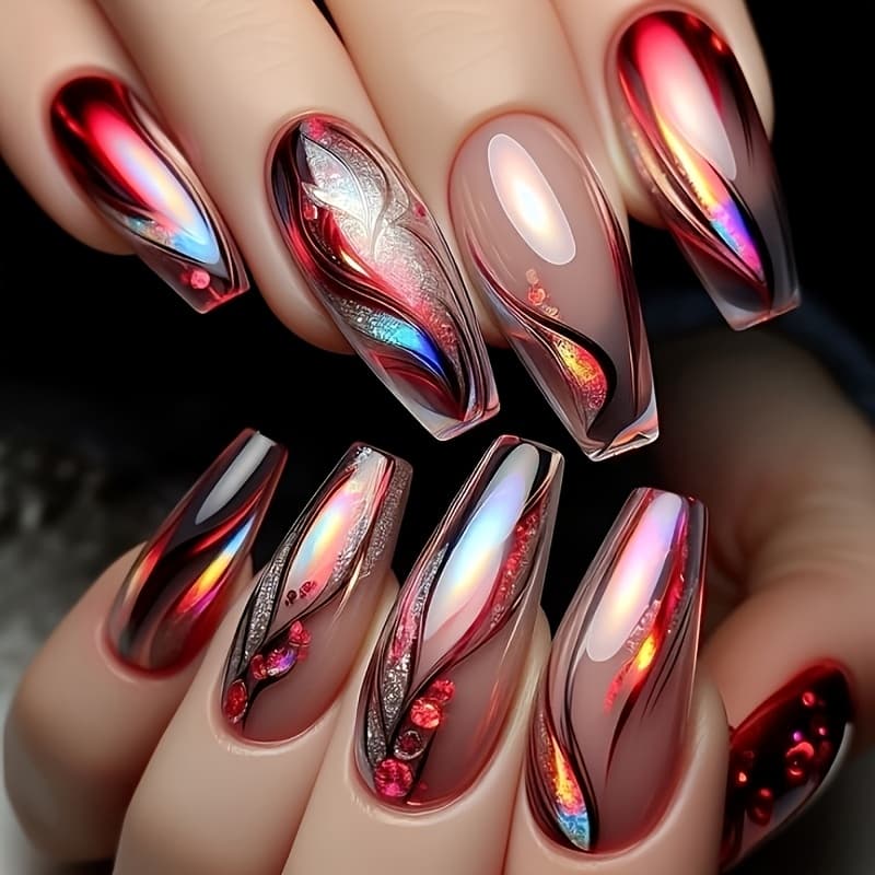 TEMU Red Golden Metallic Aurora Flame Nails, Style, Nails, Feel, 24pcs