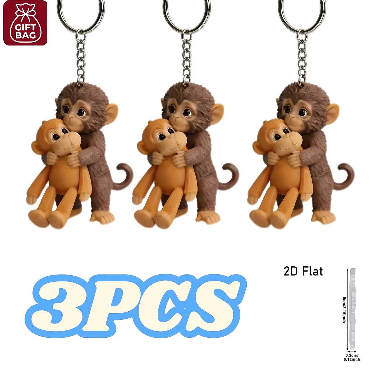 TEMU Set Of 3, 2d Flat Design Monkey-shaped Keychains, Cute Additions Suitable For Bags And Keys (gift Bag)