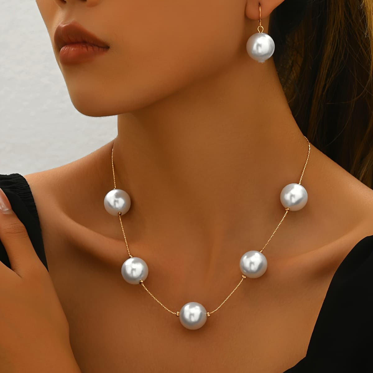TEMU 3pcs Women's Jewelry Set Acrylic Pearl Large Round Bead Earrings Necklace Niche Temperament Elegant Jewelry Set