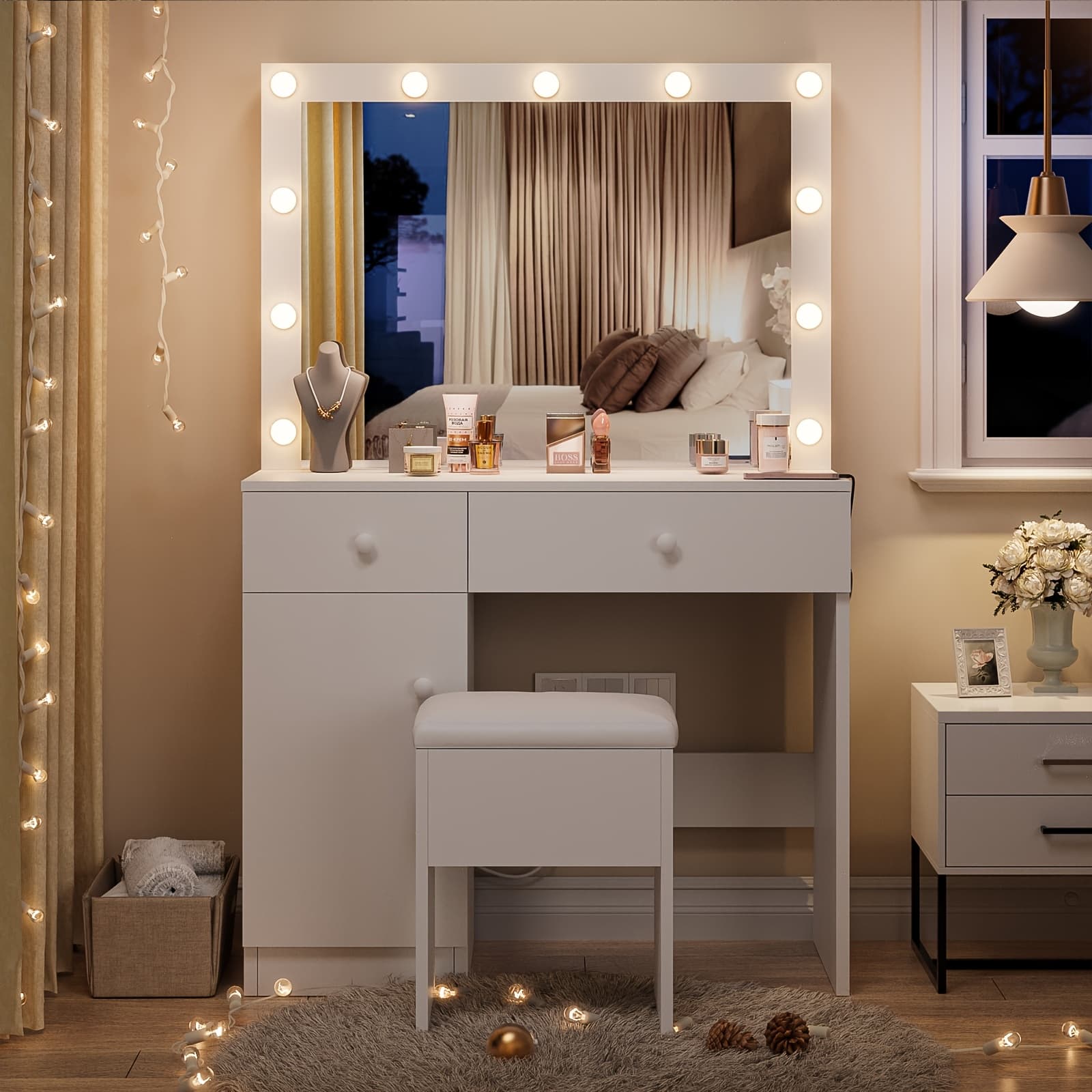 TEMU White Makeup Vanity Desk With Lighted Mirror, 3 Light , Power Outlet, Drawers & Chair
