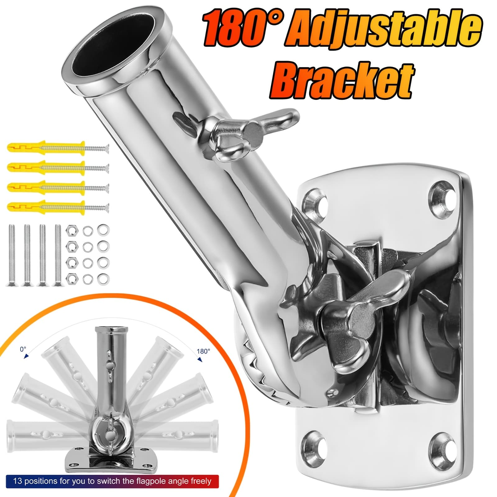 TEMU 1set Steel Flag Pole Holder, Marine Grade Flag Pole Mount, Outside House Flag Pole Bracket, Flagpole Mounting Bracket, Outdoor Adjustable - Mirror Polishing, 1 In