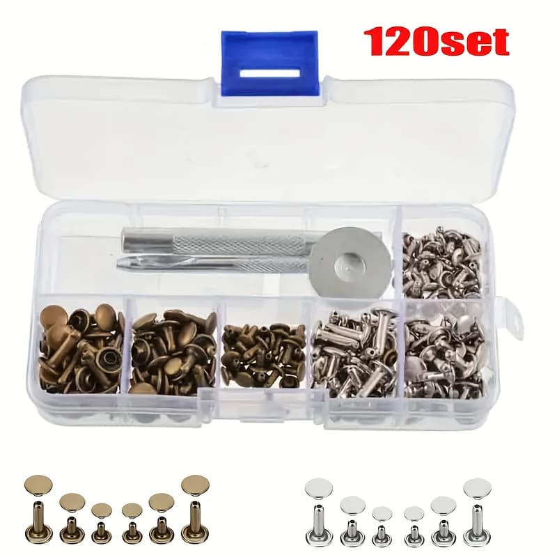 TEMU 120pcs Double-sided Rivets, Bronze & Silvery, 3 Sizes, With Installation Tool, Suitable For Diy Leather Craft