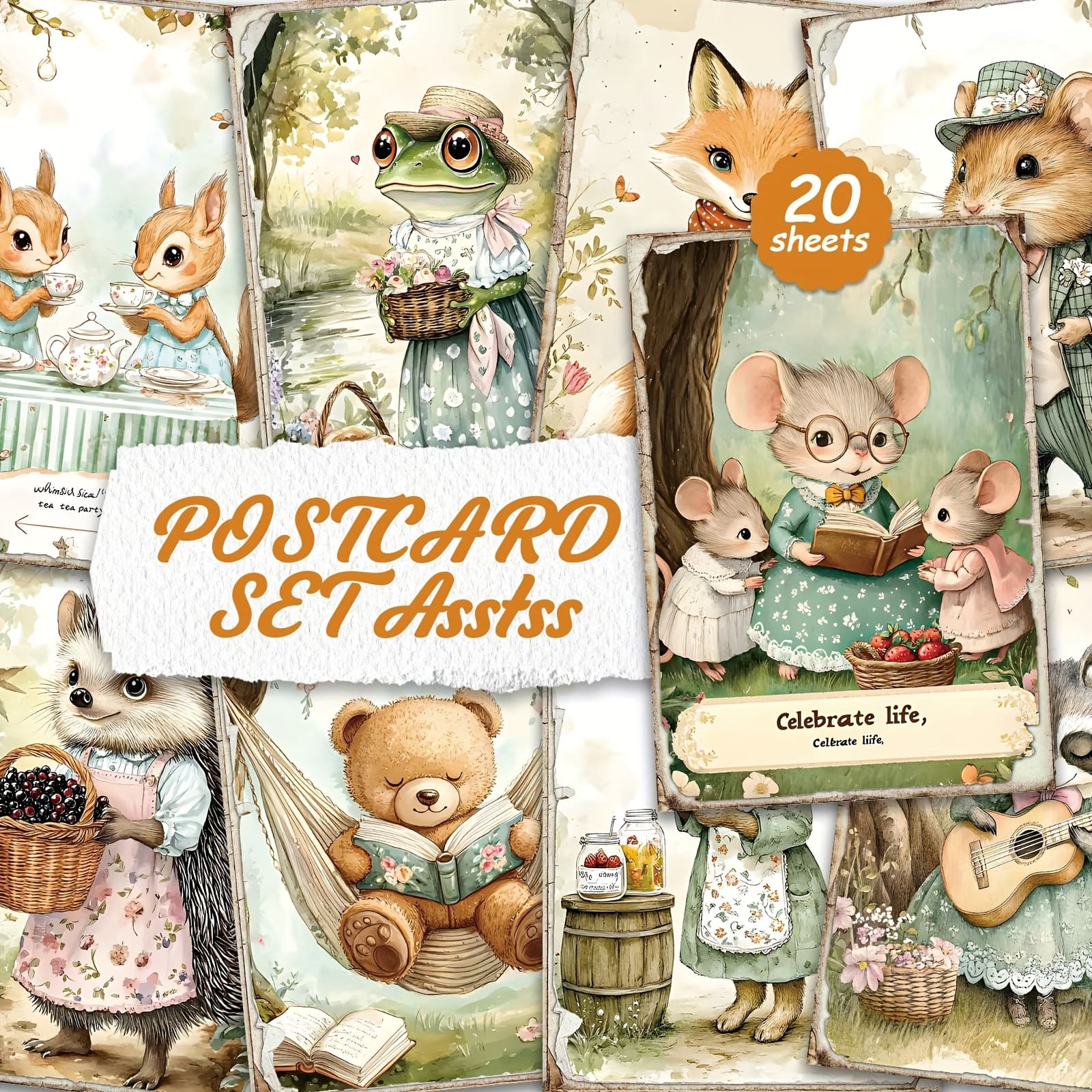 TEMU 20pcs Fairy Tale Animal Postcard Set For Cardboard Writing, , English , Trash Diary, Crafts, Greeting Cards.