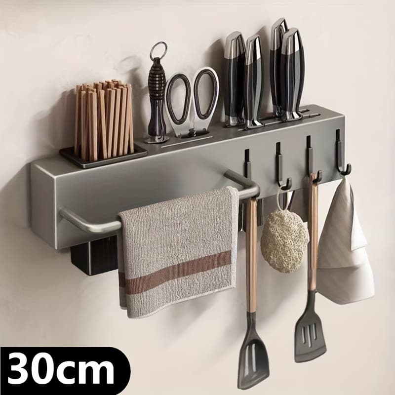 TEMU Multifunctional Wall Mounted Kitchen Organizer - Heavy Duty Carbon Steel Knife Holder With Magnetic Strip, Space, Holds Knives, Cutting Boards, Utensils For Home & Restaurant