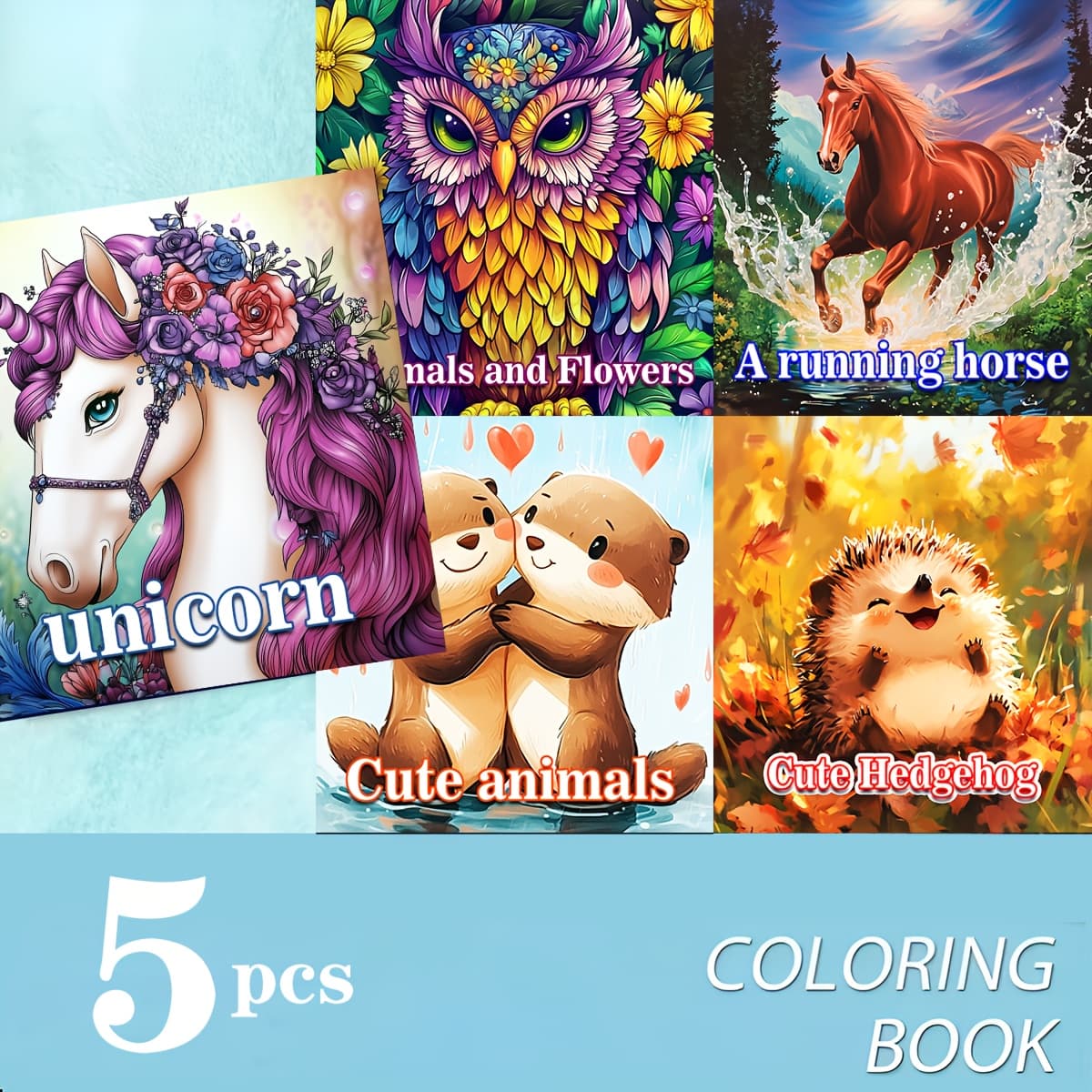 TEMU A Coloring Book Featuring 5 And Nature Themes, Including Unicorns, Animals, Flowers, A Horse, And Adorable Creatures Like Hedgehogs. It Contains 22 Thick