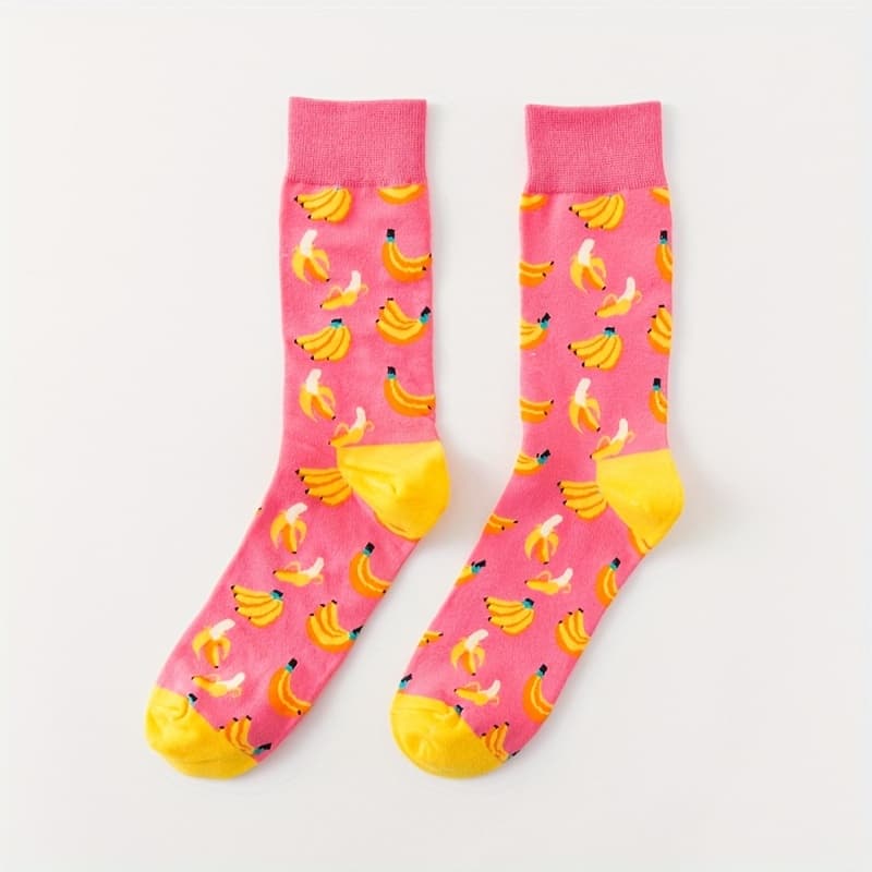 TEMU 1 Pair Pink Full-print Banana Mid-calf Socks, Tight And Stylish Leg-hugging Women\'s Hosiery