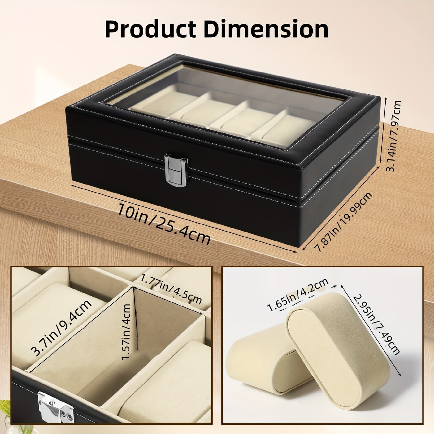 TEMU Modern Black Pu Leather Watch Box, Options For 6 Slots And 10 Slots, Dust-proof Design With Transparent Glass Window And Beige Lining, Solution For Watch Display, Decorative Jewelry Boxes.
