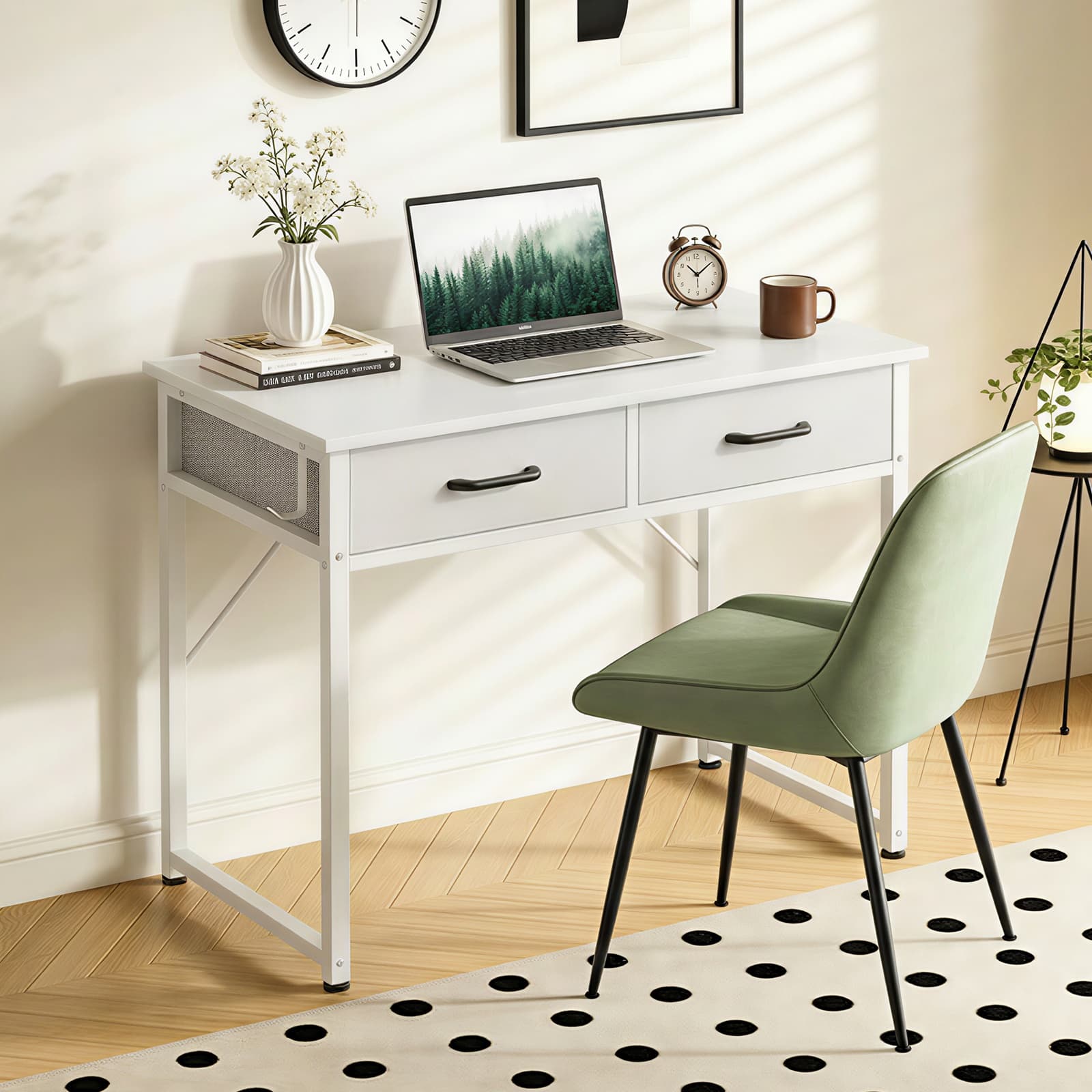 TEMU Small Computer Desk & Vanity Table With 2 Drawers & Headphone Hook - Compact Writing Desk For Home Office, Study Or Work, Modern Space-saving Design For Small Spaces