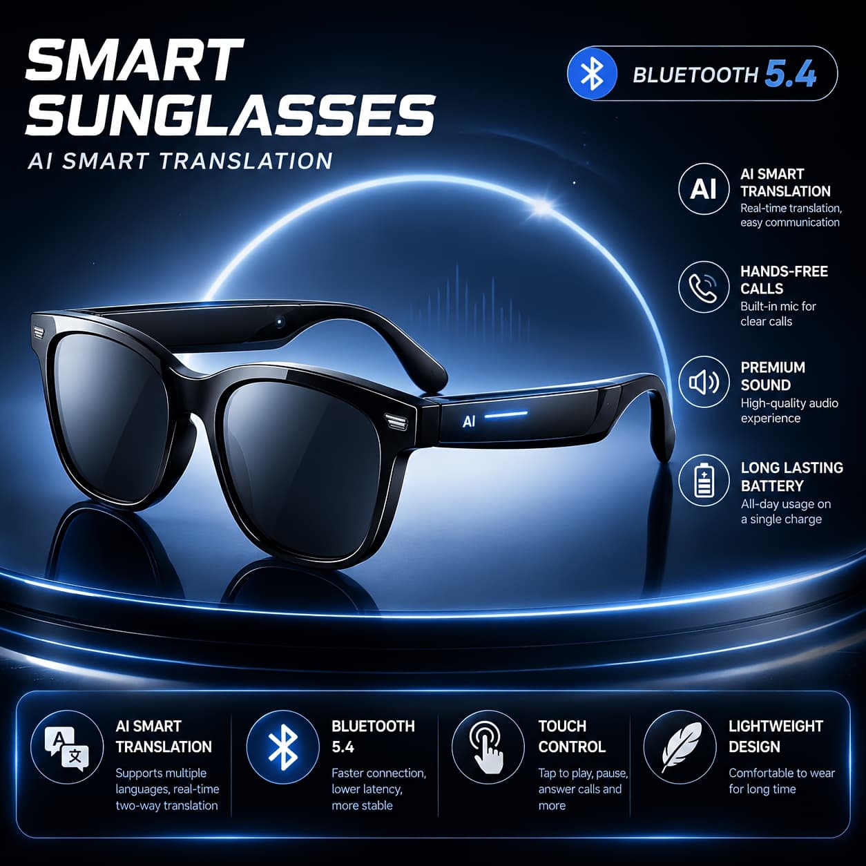 TEMU Unisex Ai Smart Translation Fashion Glasses, Bluetooth-compatible Cycling Glasses, Bluetooth Glasses, Headset, Matte Frame, Suitable For Multiple Purposes.