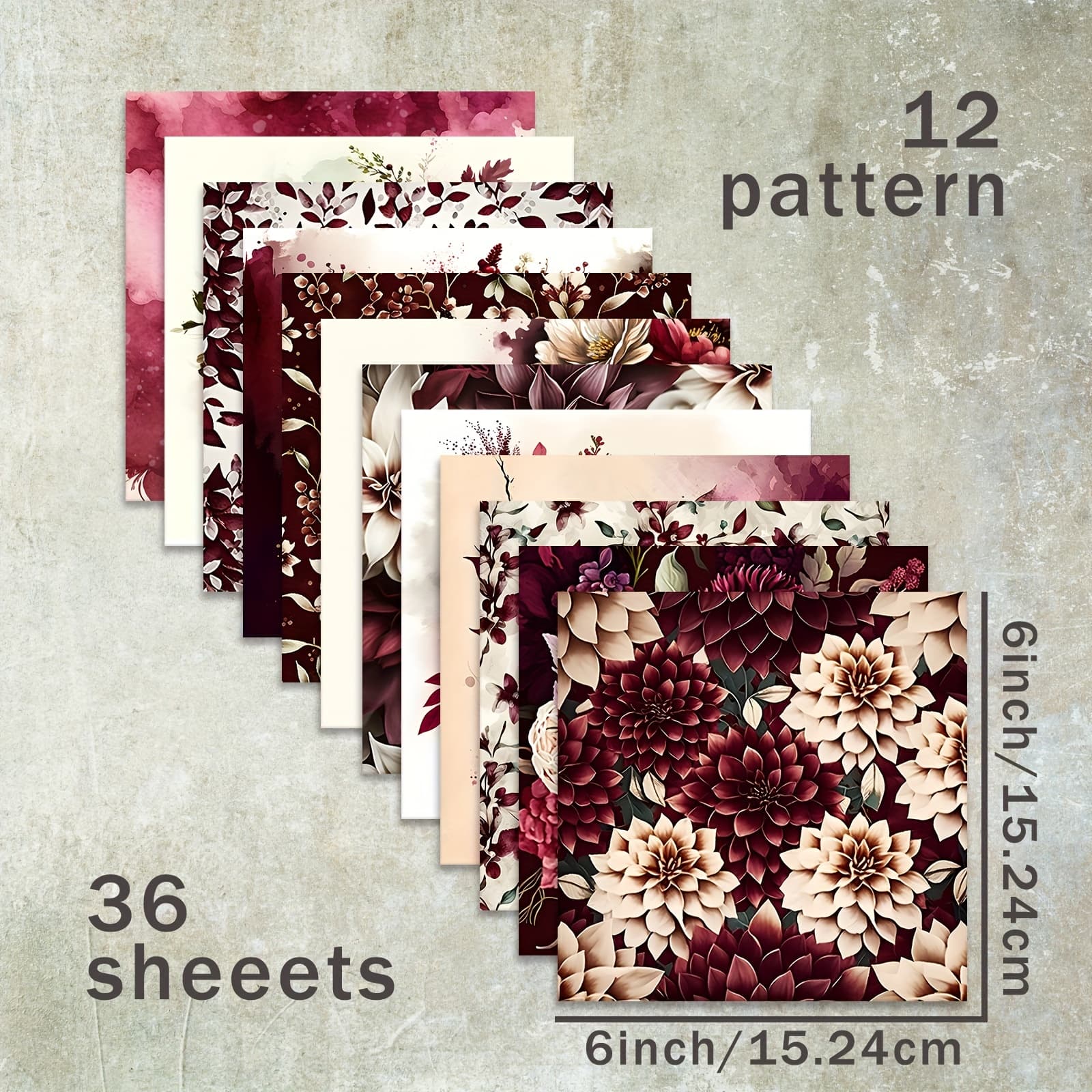 TEMU 36 Sheets 6-inch (dark Red Floral Pattern Background) Paper, Suitable For Journal Junk Journal Greeting Cards Background Album And Crafts