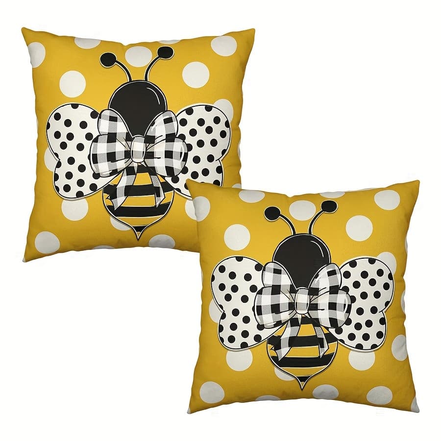 TEMU 2pcs Linen Bee & Polka Dot Pillow Covers - Bee Farmhouse Decor, Zippered Throw Cushion Cases For Sofa, Patio, And Bedroom - Machine Washable, Multiple Sizes (16x16, 18x18, 20x20)