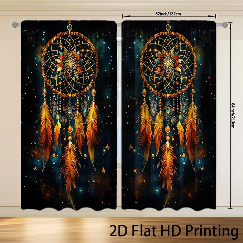 TEMU Set Of 2 Curtains With Dreamcatchers, Orange Feathers, And Vibrant Beads, Ideal For Enhancing For Home Decoration