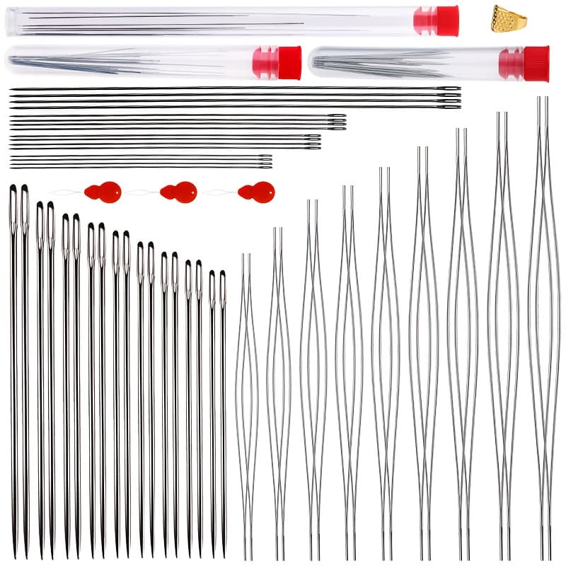 TEMU 54pcs Including 16pcs Long Straight Beading Needles+20pcs Hand Sewing Bwading Needles+18pcs Beading Needles, Embroidery Needles For Jewelry Making With Bottle, Thimble, Threaders