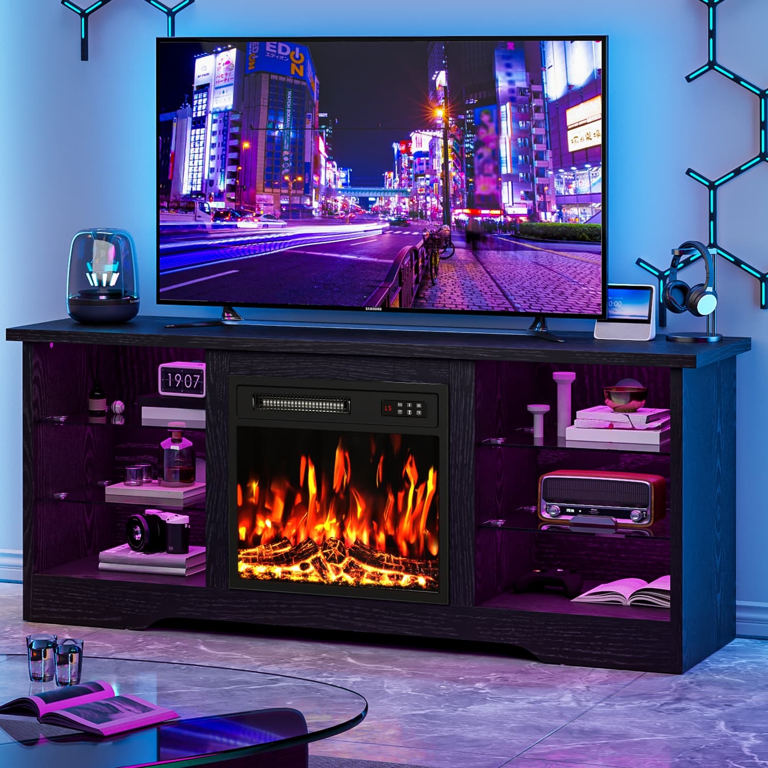 TEMU 58 Inches Fireplace Tv Stand For Tvs Up To 65 Inches Console With 18'' Electric Fireplace & Remote, Wooden Modern Entertainment Center For Living Room With Led Light Glass Shelves