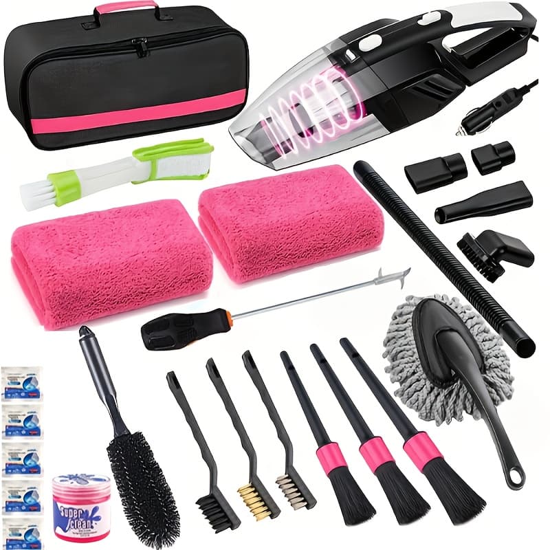 TEMU 25pcs Cleaning Wash Kit Interior Detailing Cleaner Kit With High Power Handheld Vacuum,, Windshield Tool, Gel, Tire Brush, Complete Care Tools, Men's Gift Or Women's Gift