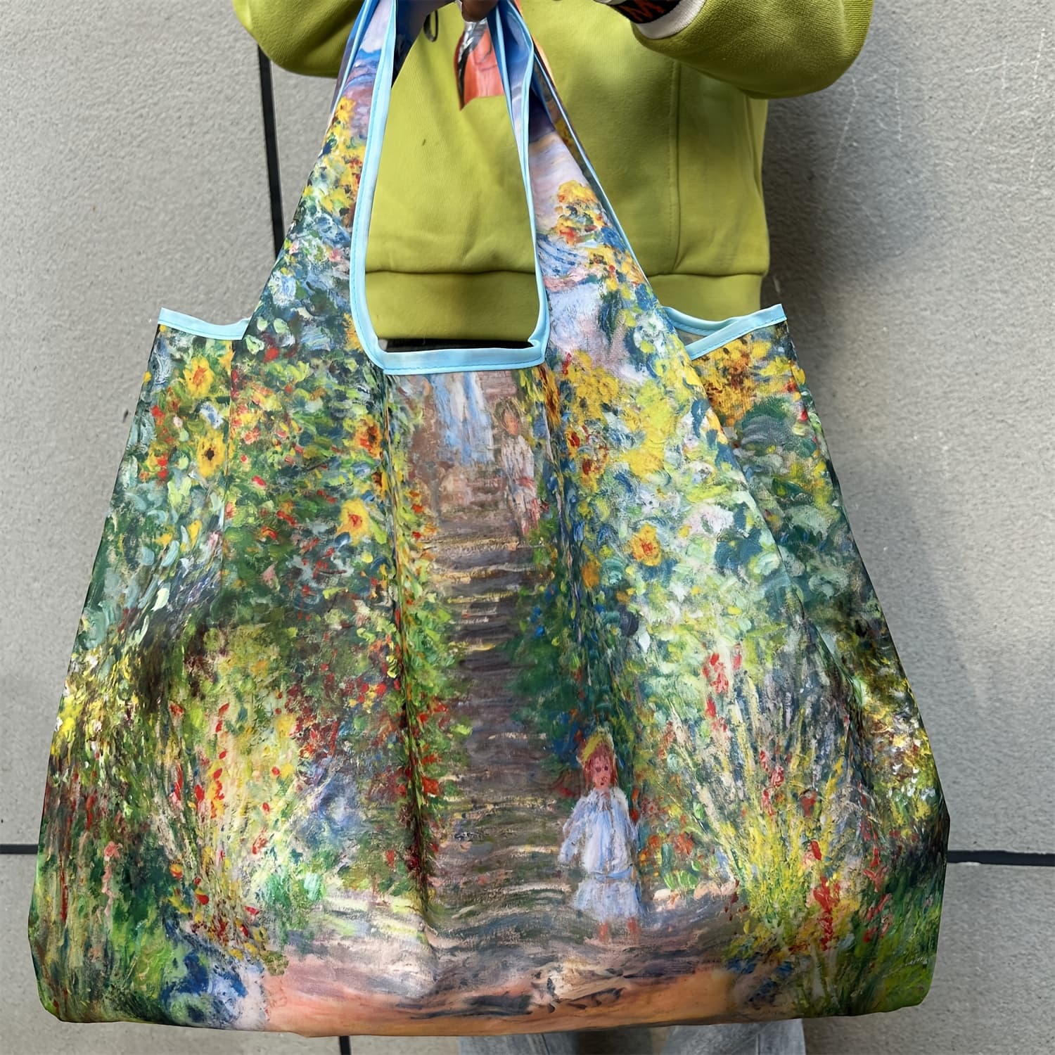 TEMU Chic Oil Painting Design Reusable Tote Bag - Durable, Foldable & Washable Nylon Shopping Bag With Large Capacity For Women - Supermarket, Kitchen & Dining Essentials
