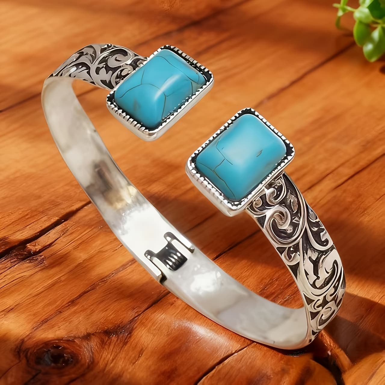TEMU 1pc Women's Inlaid Synthetic Turquoise Bohemian Floral Texture Open Bangle/suitable For Daily Wear