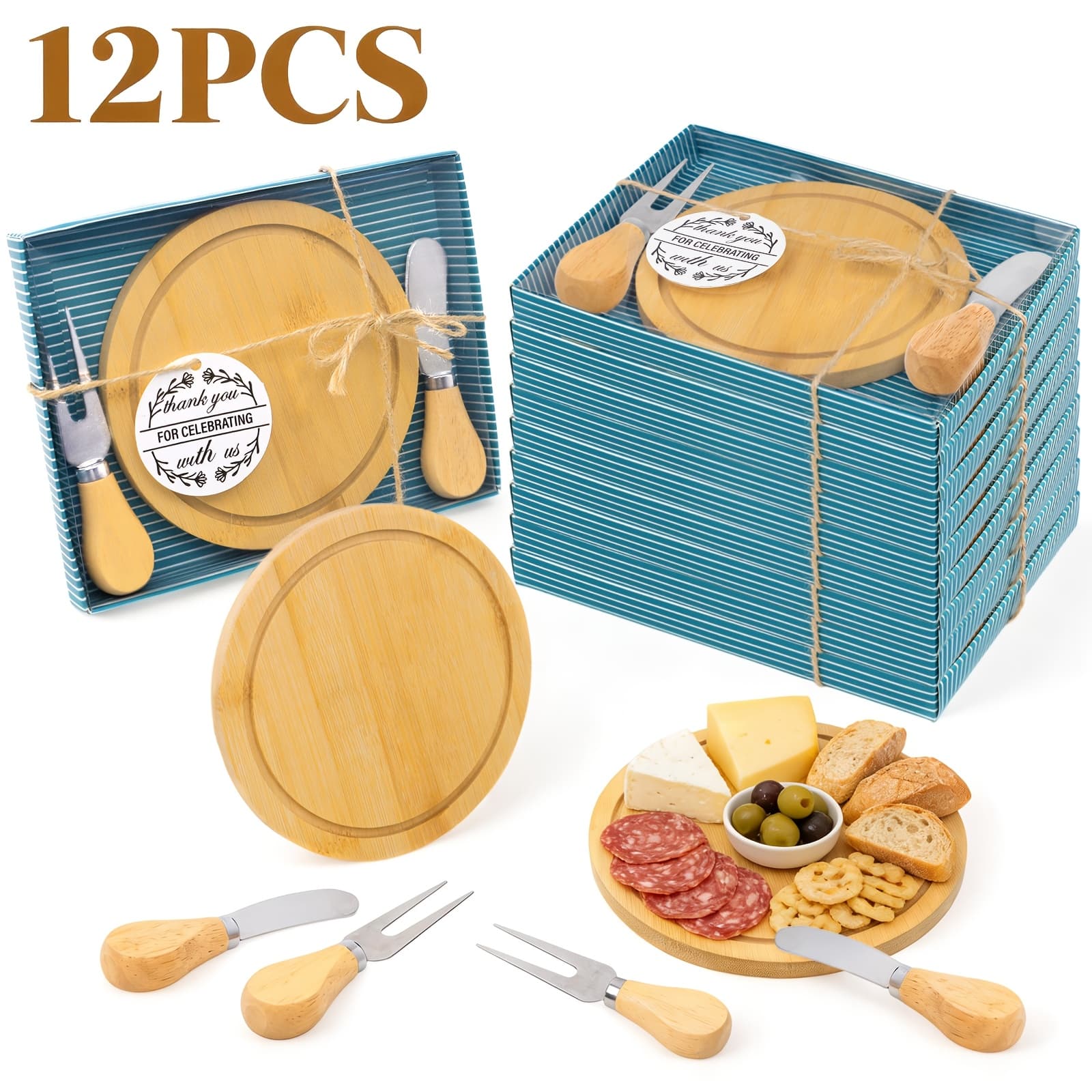 TEMU 12 Sets Of Bride Gift Party Baby Prizes Cheese Board Set Wooden Circular Mini Cooked Food Board With Knife And Fork Loose Thank Matching Bride Gift Party Gift Box For Guests' Wedding Party