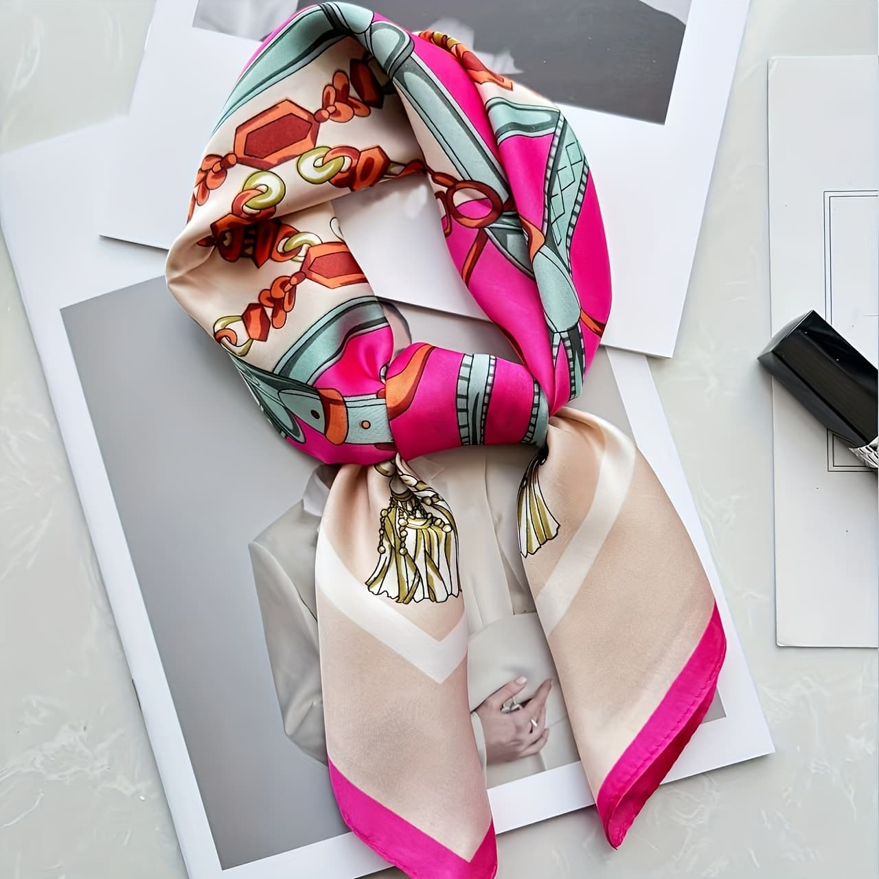 TEMU 1pc Elegant Pink And Teal Satin Headscarf With Paisley Print - Lightweight, Breathable, Square Towel Design, Suitable For Women's Fashion, Headwrap, Neck Accessory, Headscarf