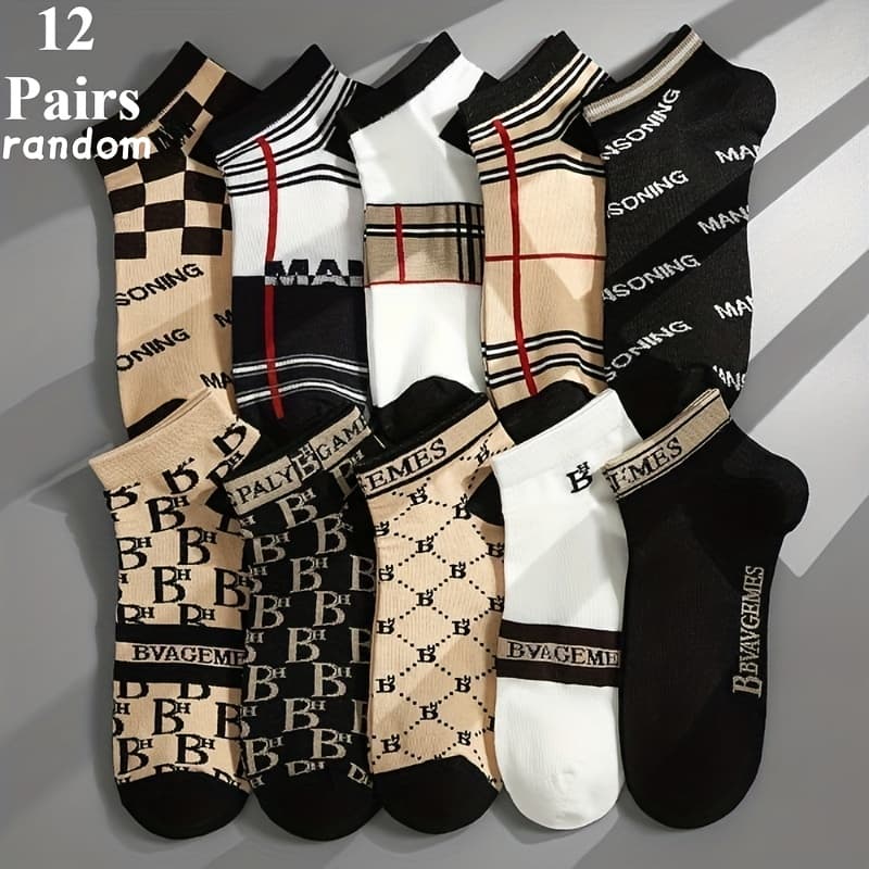 TEMU 12 Pairs Of Random Socks Men's Letters Light Luxury Men's Socks Summer Thin Short Shallow Socks For Men And Women.