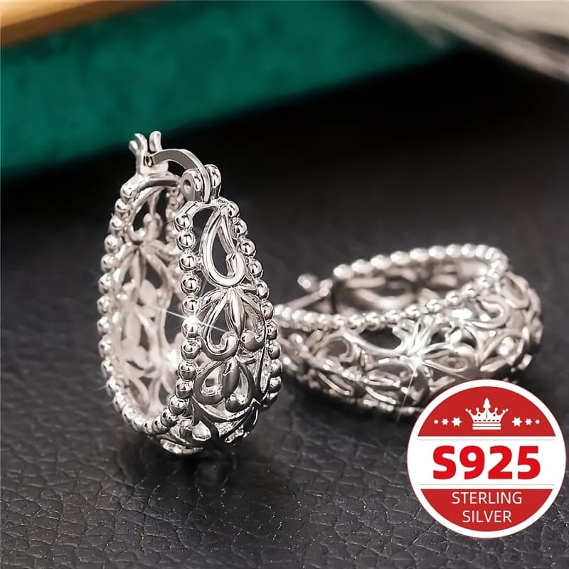 TEMU S925 Sterling Silvery Exquisite Filament Pattern Hollow Women's Earrings Fashionable Wedding Party Earrings Holiday Gifts