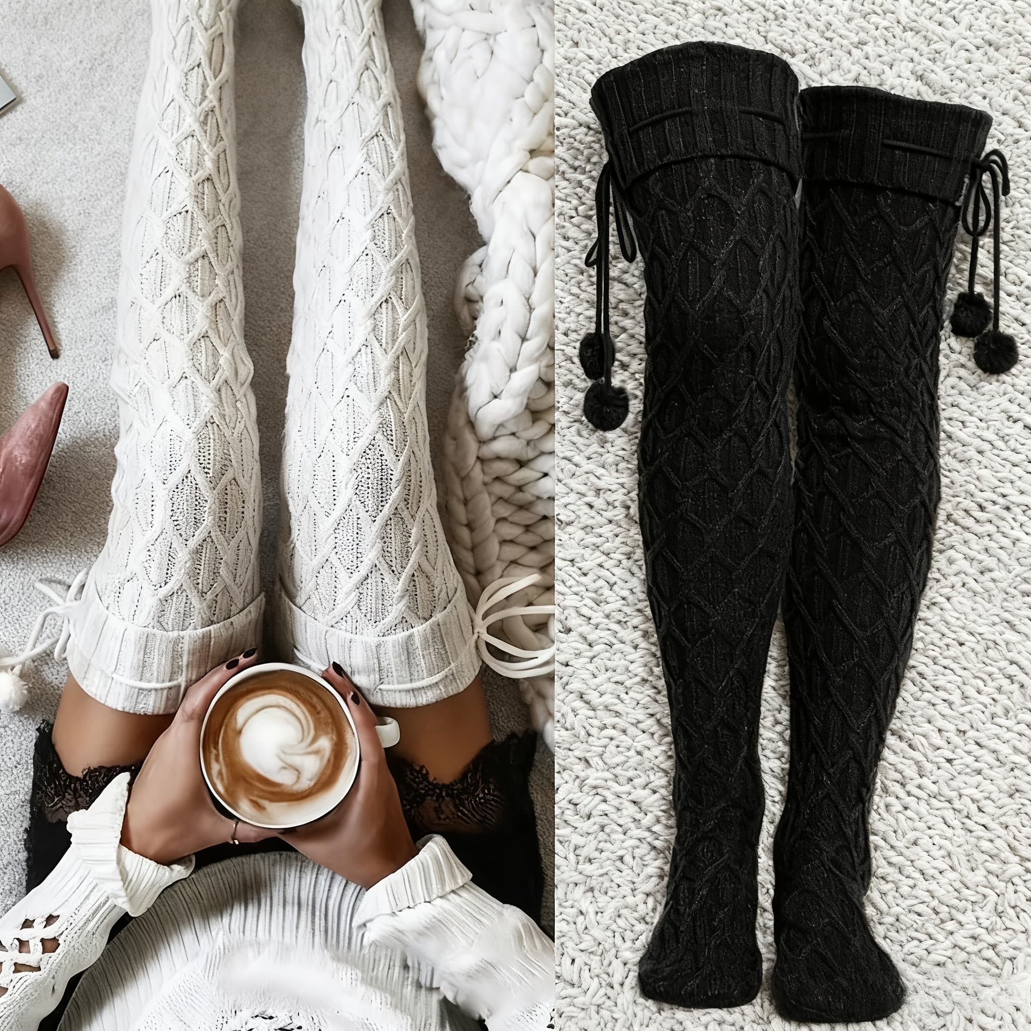 TEMU Of White Over-the-knee Socks | Women's Autumn And Winter Warm Pile Calf Socks, Solid Color, Machine Washable