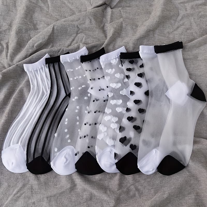TEMU 4 Pairs/8 Pairs Women's Black And White Mid-calf Socks, Spring-summer Thin Transparent Crystal Casual Socks