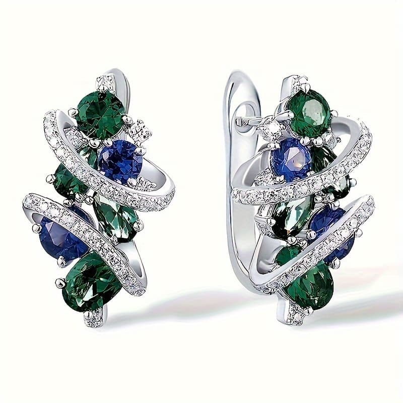 TEMU A Pair Of Women's Fashionable Hoop Earrings With Zirconia, Featuring Blue And Green Synthetic Zirconia Stones, Perfect For Parties, Everyday Wear, And Elegant Additions