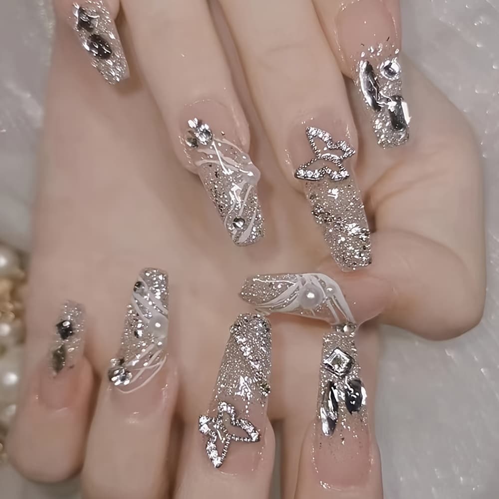 TEMU Sparkling Long Nails 24pcs Ballet Nails Semi Handmade Nail Sparkling Point Glitter Fake Nail Set Reusable Nail With Nail File, Suitable For Party Gifts Cdz206 And