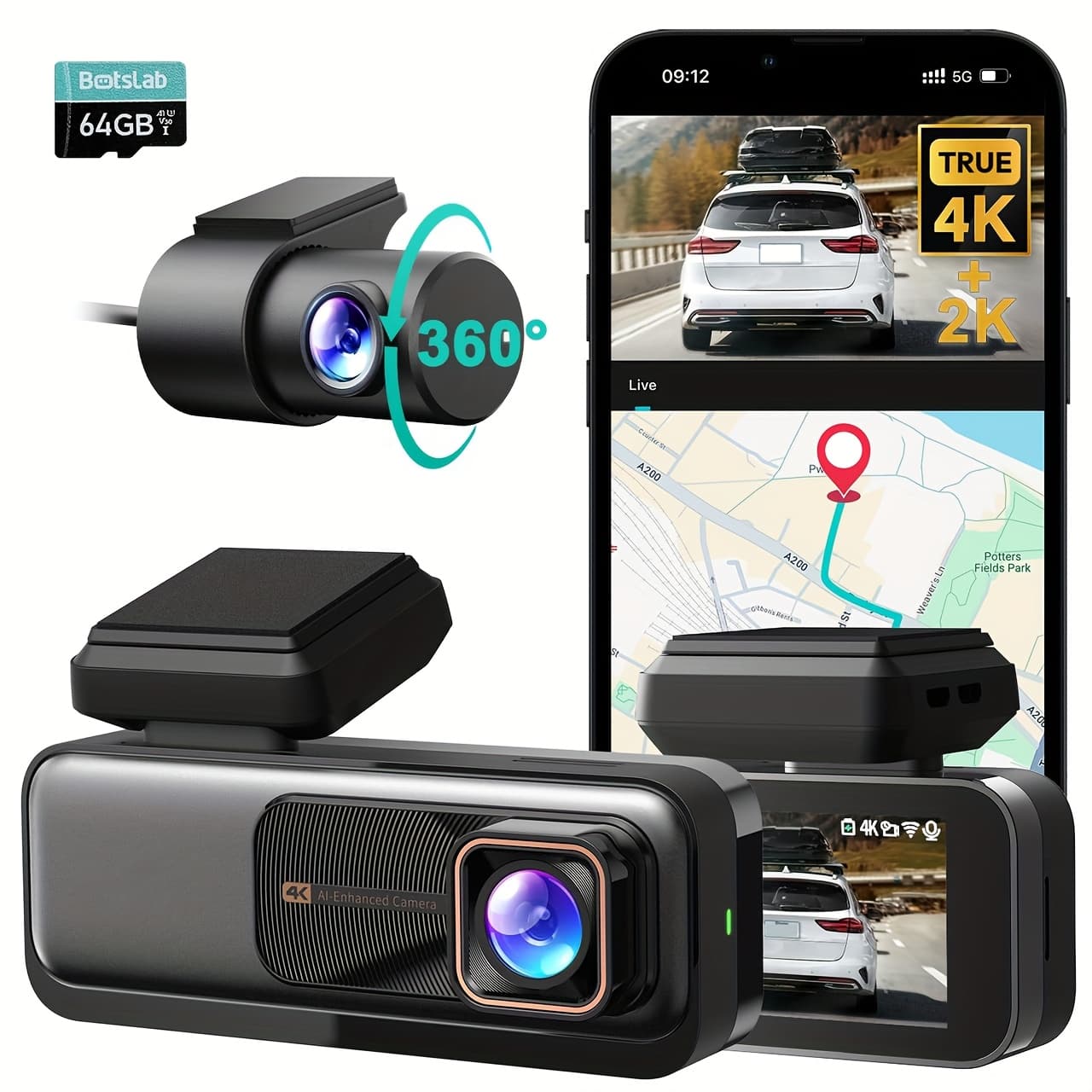 TEMU +2k Dash Cam Front And Rear, 170° Dashcam With , 360 ° Rear Camera, Free 64gb Sd Card, Imx415 Sensor, 5g/2.4g Wifi, Built-in Gps, Loop Reocrding, Night