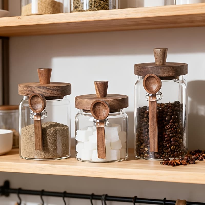 TEMU 3 Glass Sealed Cans Of With Lids And Spoons, Transparent Glass Large Capacity Storage, Used For Kitchen Storage And Food Preservation Of Coffee Beans, , Nuts, And Grains