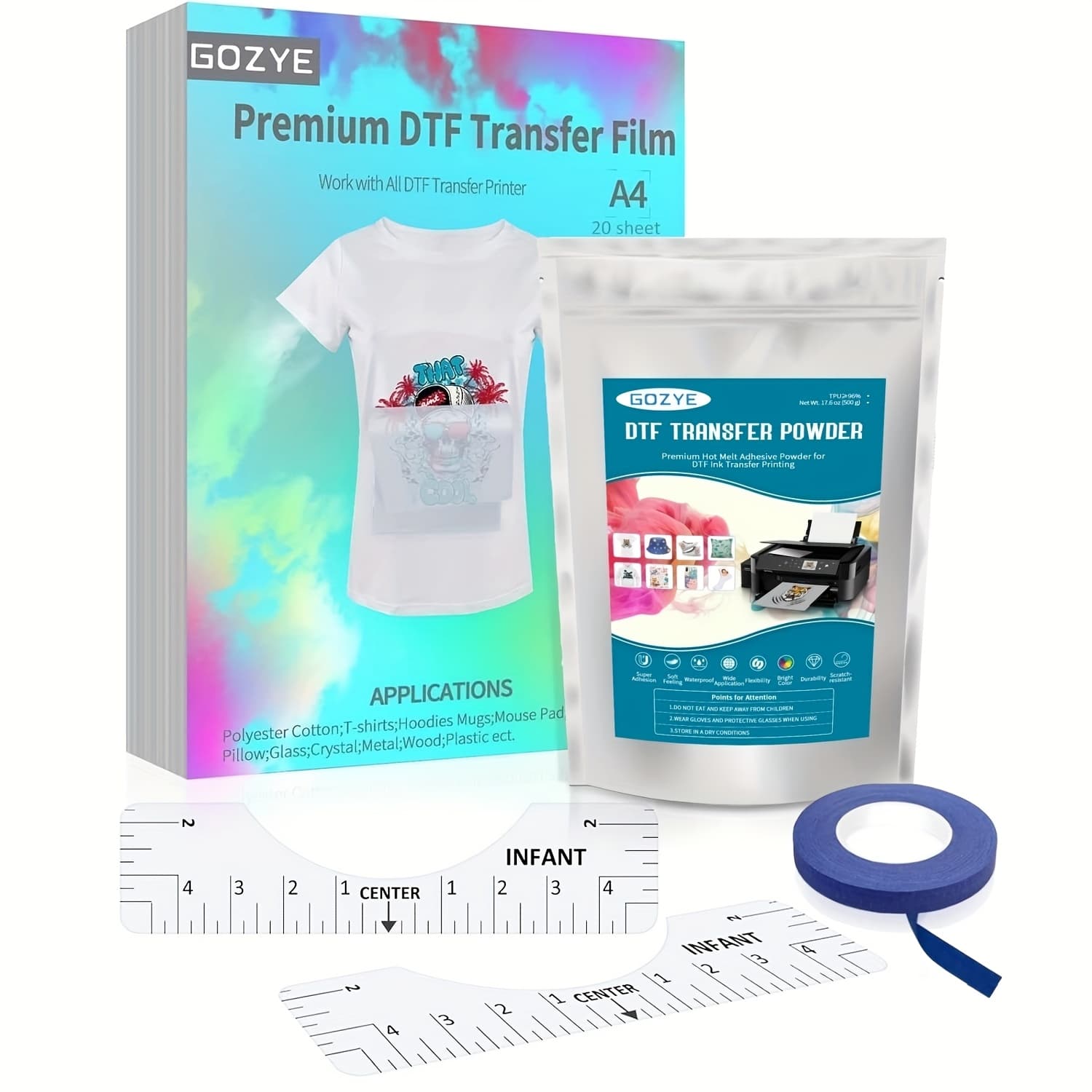 TEMU Dtf Transfer Film And Dtf Powder Set, Direct To Film Starter Kit Contains 20 Sheets A4 Pet Film, 8.8 Oz Hot Melt Powder, 45 Ft Recognition Tape, 2pcs T-shirt Ruler Guide For Printing On T-shirts
