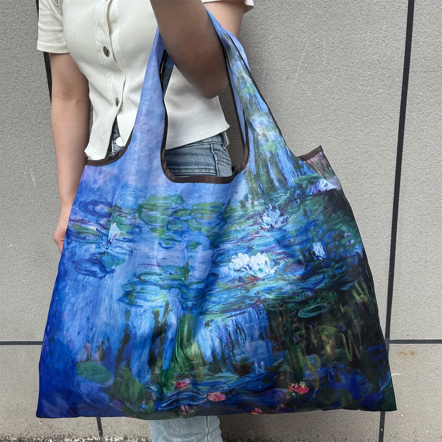 TEMU Oil Painting Water Lily Large Grocery Bag Foldable Shopping Bag Lightweight Gym Bag Tote Bag Beach Camping Storage Bag