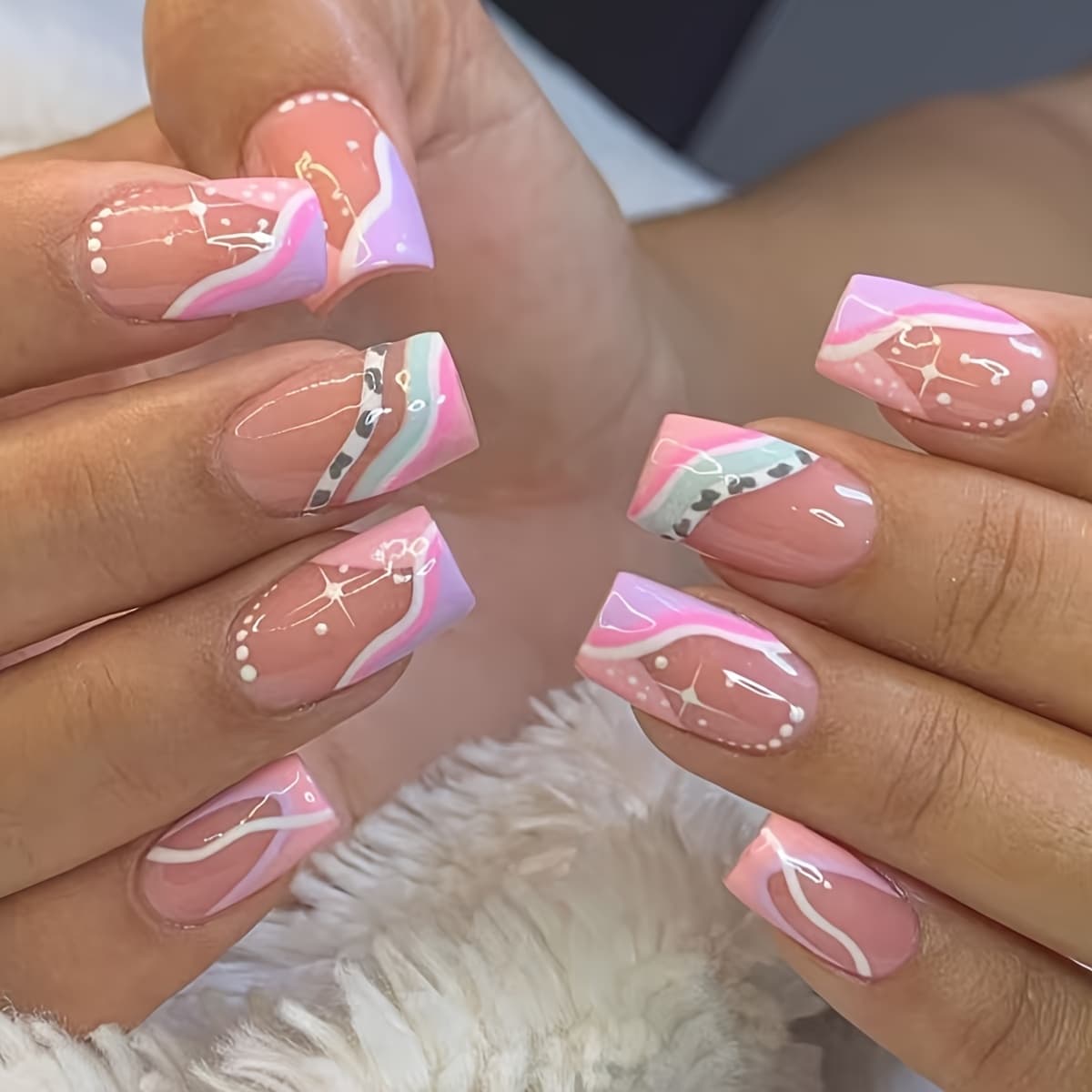 TEMU Square Elegant Irregular Colorful Press-on Nails, Detachable, 24pcs
