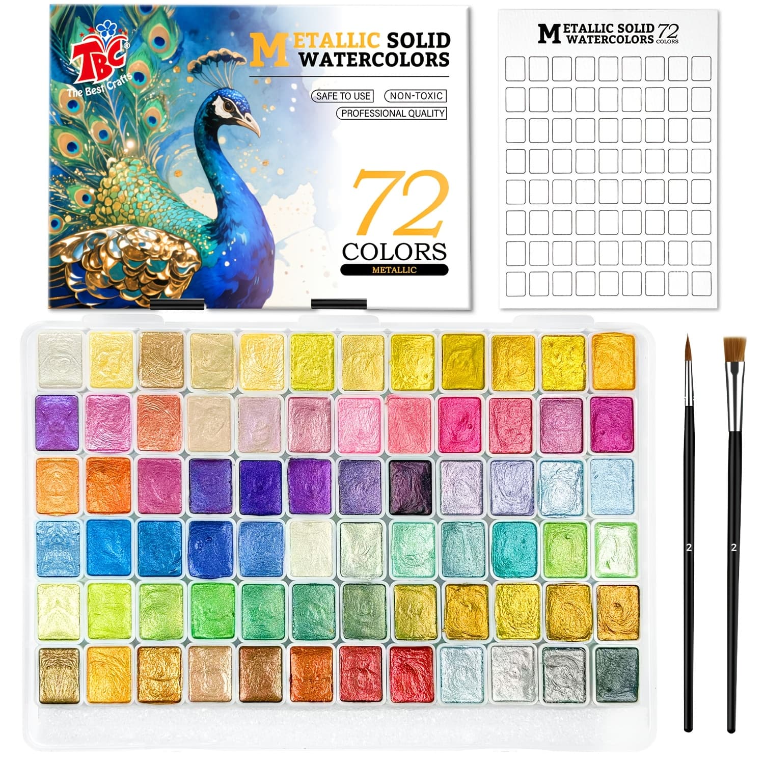 TEMU Tbc 72 Colors Metallic Solid Watercolor Set, 2 Brushes & Palette Included, Art Supplies For Painting/travel/school, Adult Beginners & Professionals