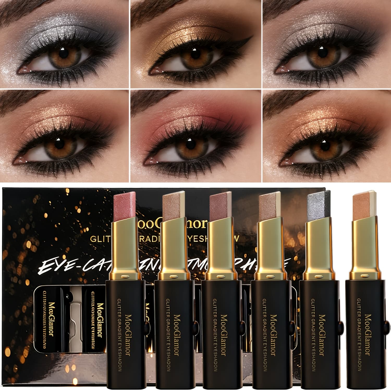 TEMU 6pcs Set Of Gradient Eyeshadow Sticks, 6-color Matte Shimmer Highlight Eyeshadow, Portable One-stick Multi-use To Create Three-dimensional Eye Makeup Gift Box, Gift