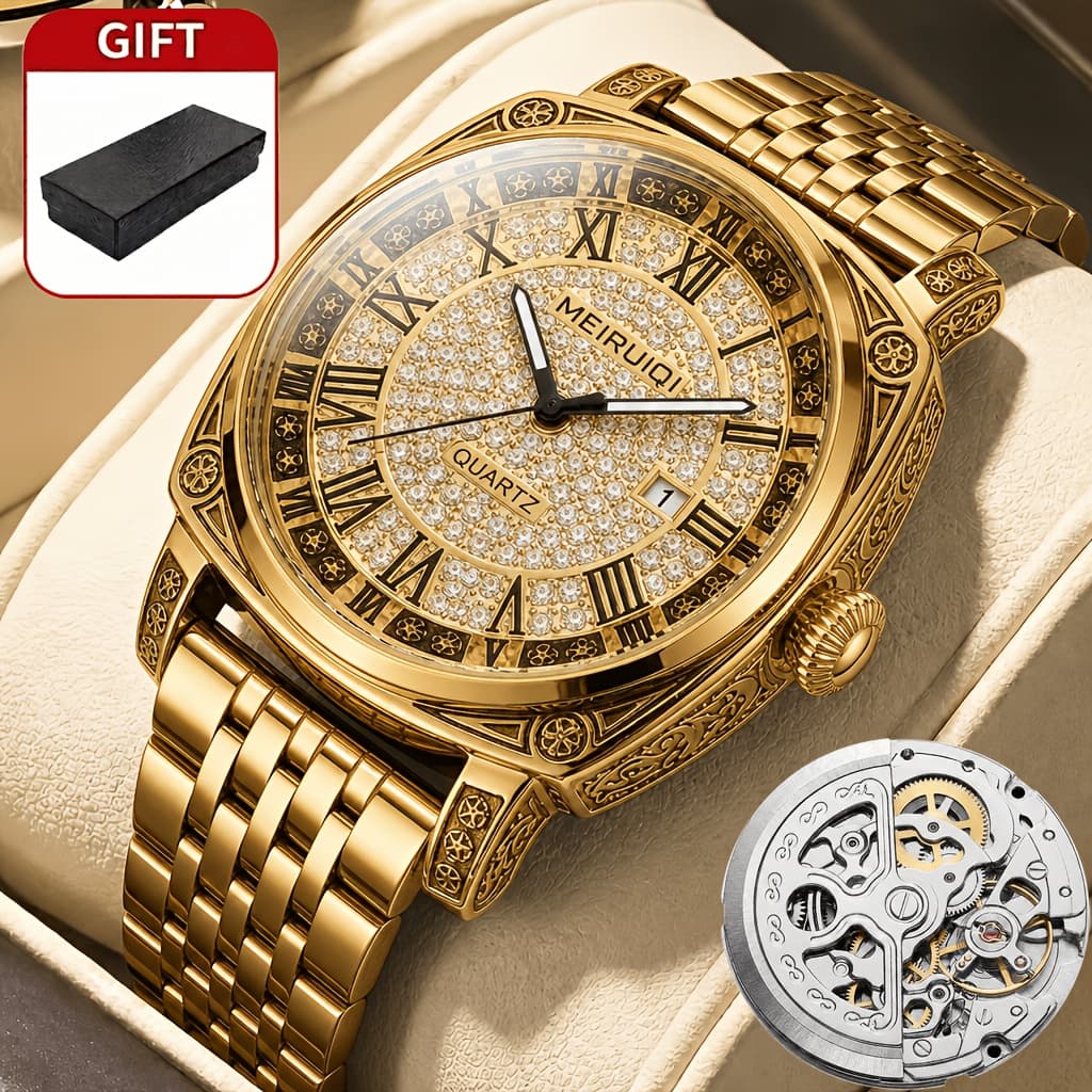 TEMU 1pc Men's Golden Mature Luminous Engraved Mechanical Watch