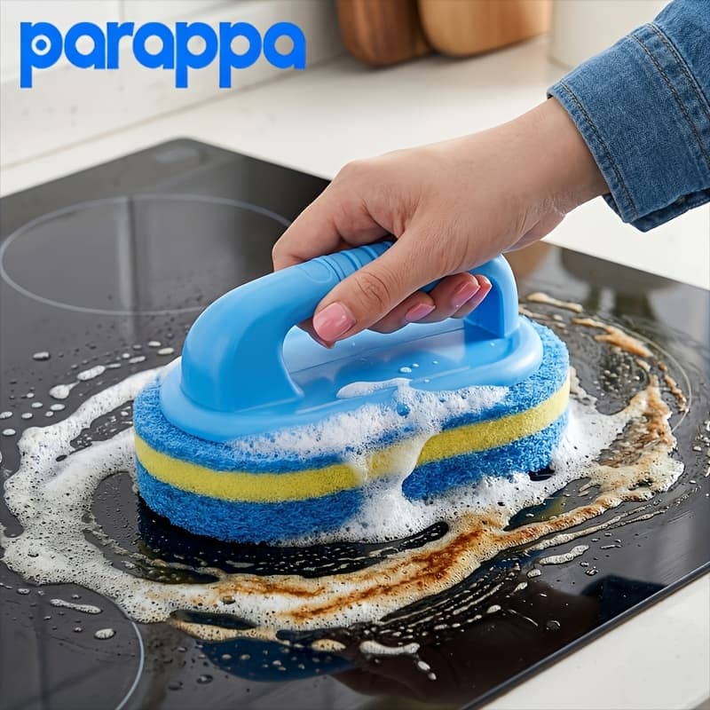 TEMU 1pc Durable Cleaning Sponge Brush, Bathroom Bath And Tile Scrub Brush With Handle, Power Decontamination, Kitchen Cleaning Sponge Wipe, Dishwashing Sponge, Pot Brush, Cleaning Supplies