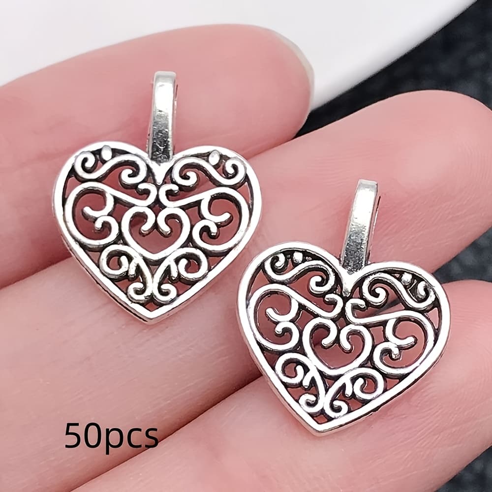 TEMU 50pcs Hollow Heart Charms In Vintage Silvery & Golden - Diy Fashion Jewelry Charms For Necklaces, Bracelets, Earrings Crafting Accessories