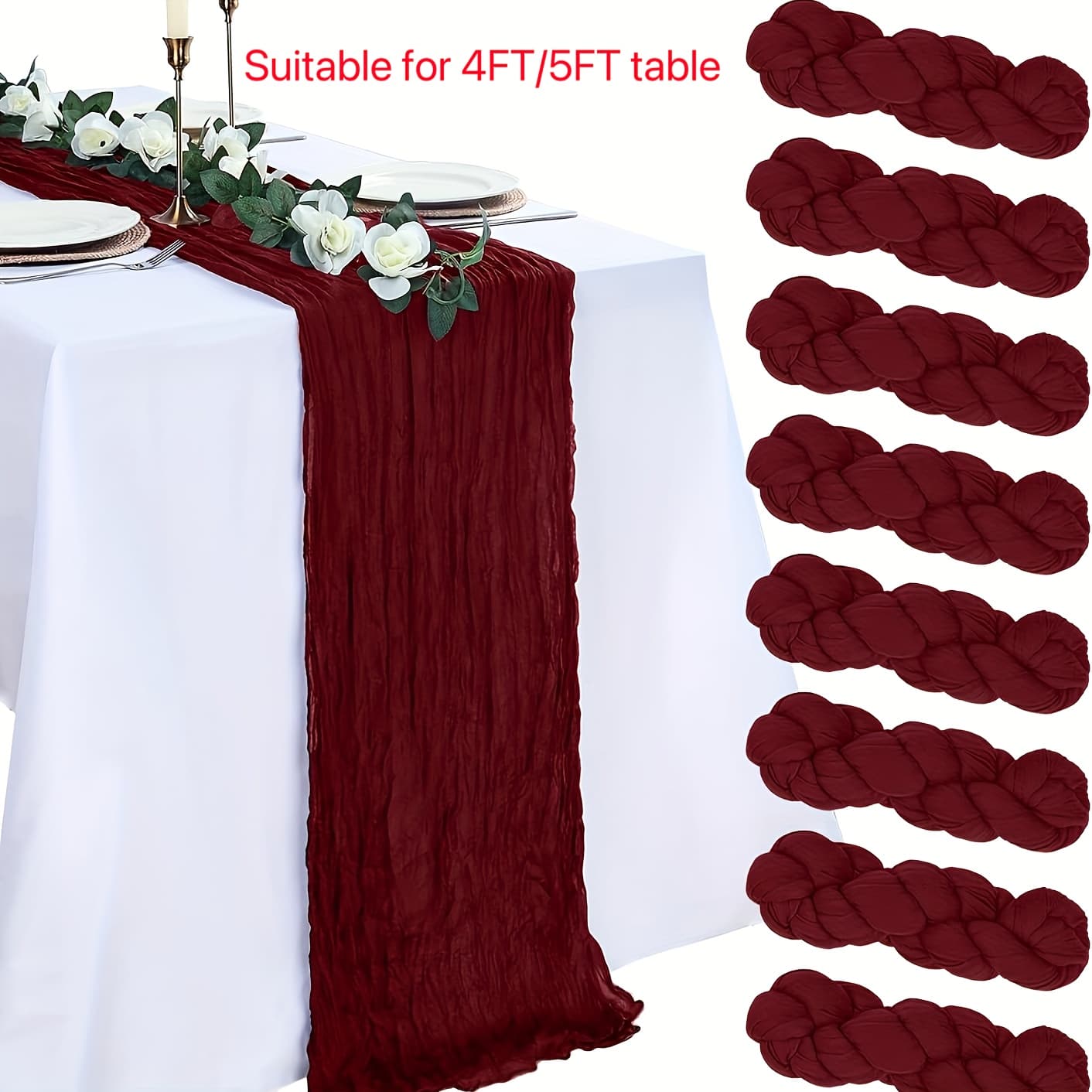 TEMU 6pcs 6ft Burgundy Cheesecloth Tablecloth Fall Tablecloth For Tables 4ft Sheer Rustic Bohemian Cheesecloth Thanksgiving Wedding Decoration Birthday Party Bride Baby Shower Centerpiece