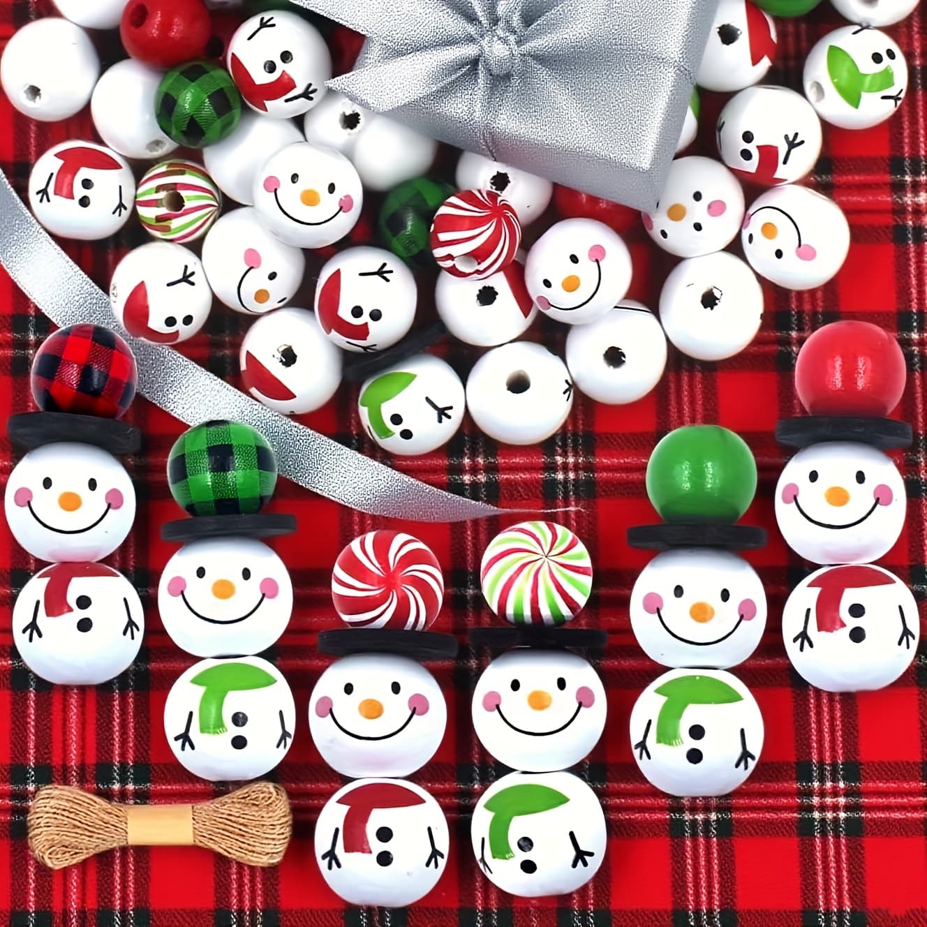 TEMU 120pcs Wooden Beads, Christmas Wood Beads With Twine Scarf, Red Winter Wooden Round Bead For Diy Crafts Christmas Party Farmhouse Decoration