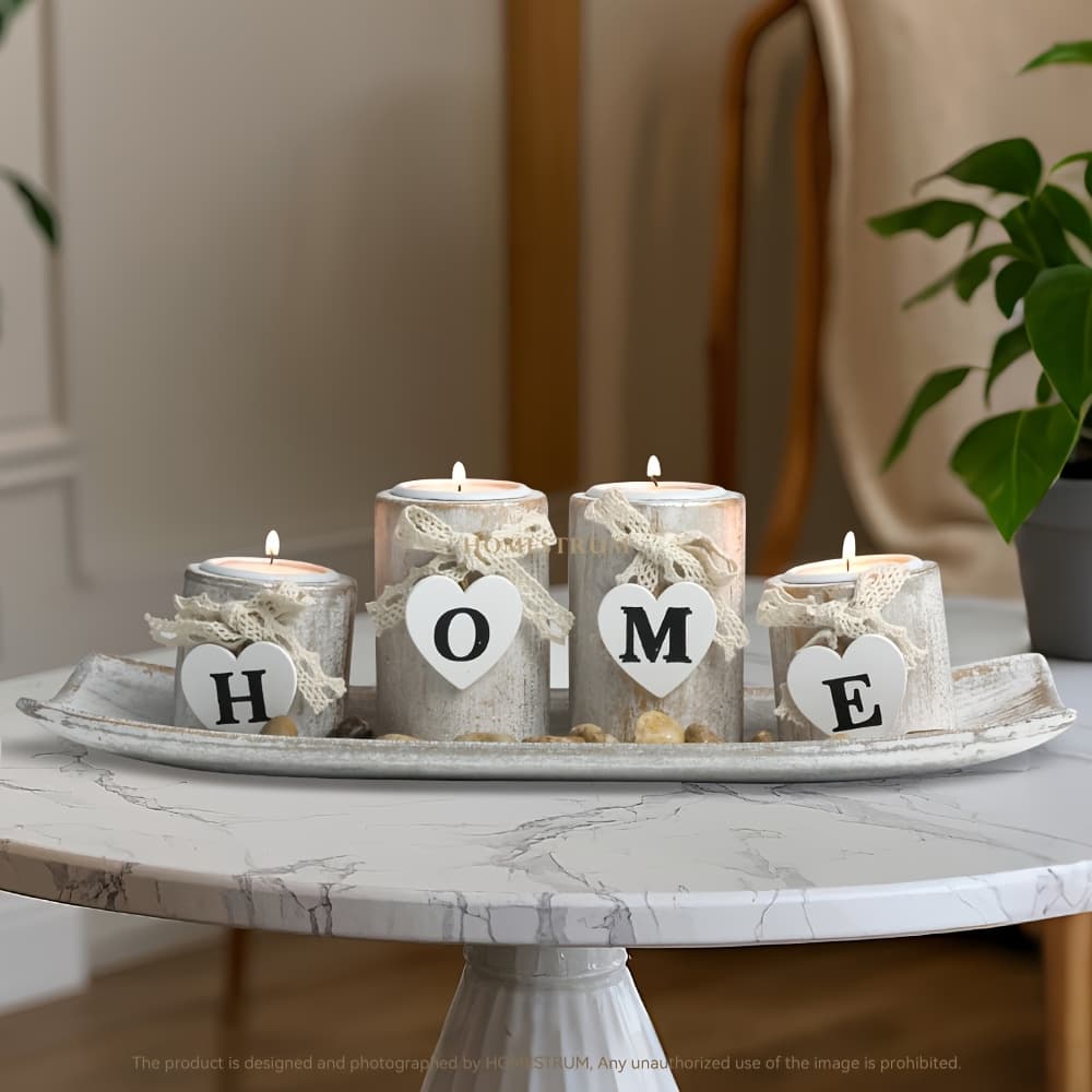 TEMU Wooden 'home' Candle Holder, Tea Lamp Candlestick Set, Jute Rope Bow Decoration And Decorative Stones, Perfect For Home Decor And, Farmhouse Decor, Halloween Decor