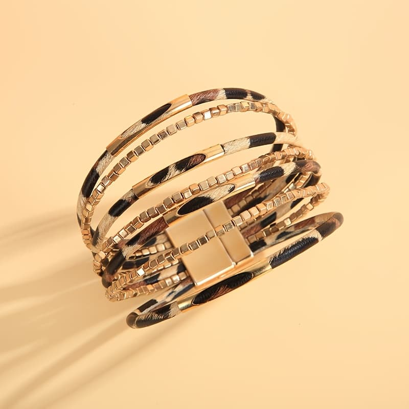 TEMU New Bohemian Beaded Bracelet With Leopard Print Design And Faux Leather Magnetic Clasp