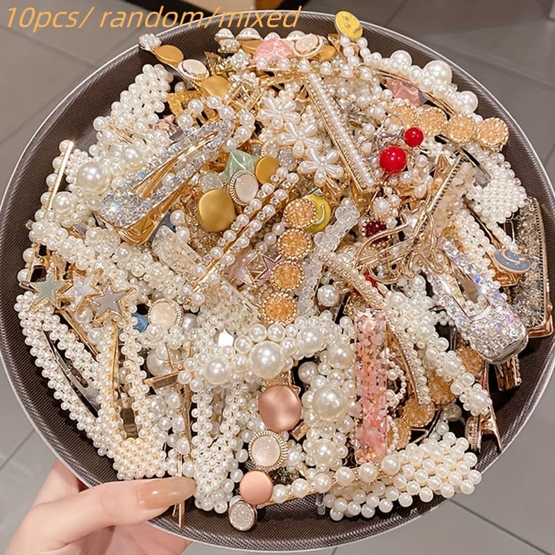TEMU 10pcs Random - Mixed Styles-mixed French Style Pearl Hairpin Female Korean Headdress Side Bb Clip Cute Korean Hairpin Beak Clip Wholesale