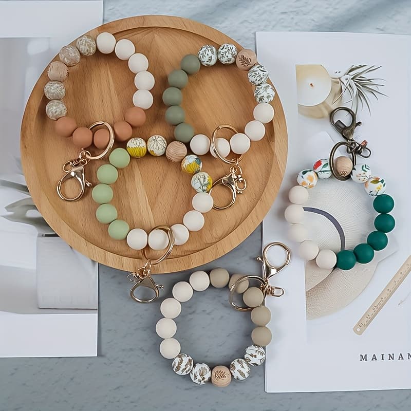 TEMU 5pcs Silicone Bead Keychains Suitable For - & Beaded Charms With Clasp, Anti-lost Car Keychains For & Moms, Beaded Bracelet, Thanksgiving, Everyday Use (plant-themed)