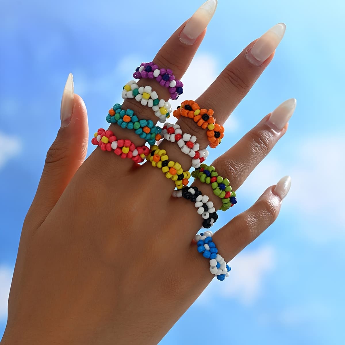 TEMU 10pcs Boho Chic Mixed Color Beaded Ring Set - Vintage Daisy & Floral Designs With Elastic Stretch, Perfect For Casual Attire