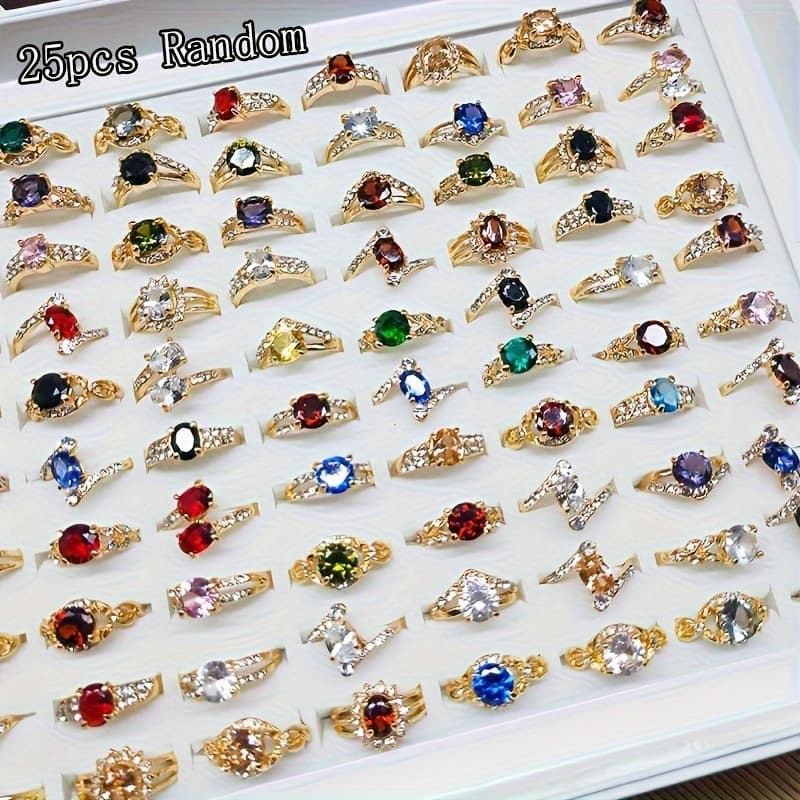 TEMU 25/50pcs Elegant Ring With Shining Waterish Zirconia Stones, Vibrant For Endless Combinations, Versatile Design - Perfect For Formal Events, Weddings, Party, Daily (16mm-20mm Random)