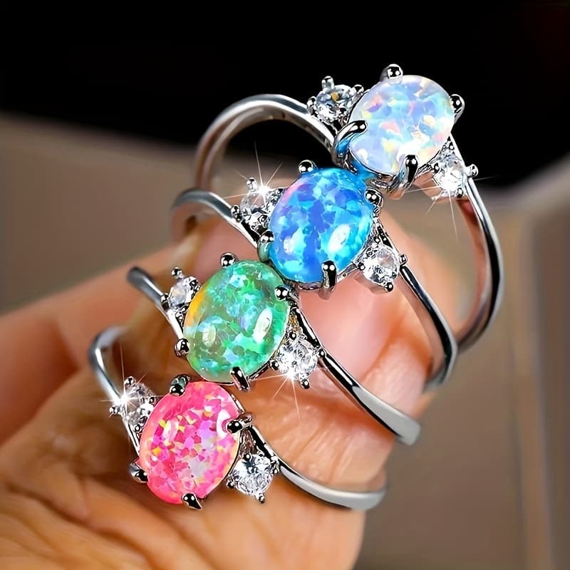 TEMU 4 Exquisite Oval Shaped Artificial Opal Rings - Romantic Engagement And Wedding Rings - Gift For Her - Birthday, Anniversary, Party Or Bride To Be
